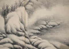 Japanese Two Panel Screen: Sumi-e Snow Scene