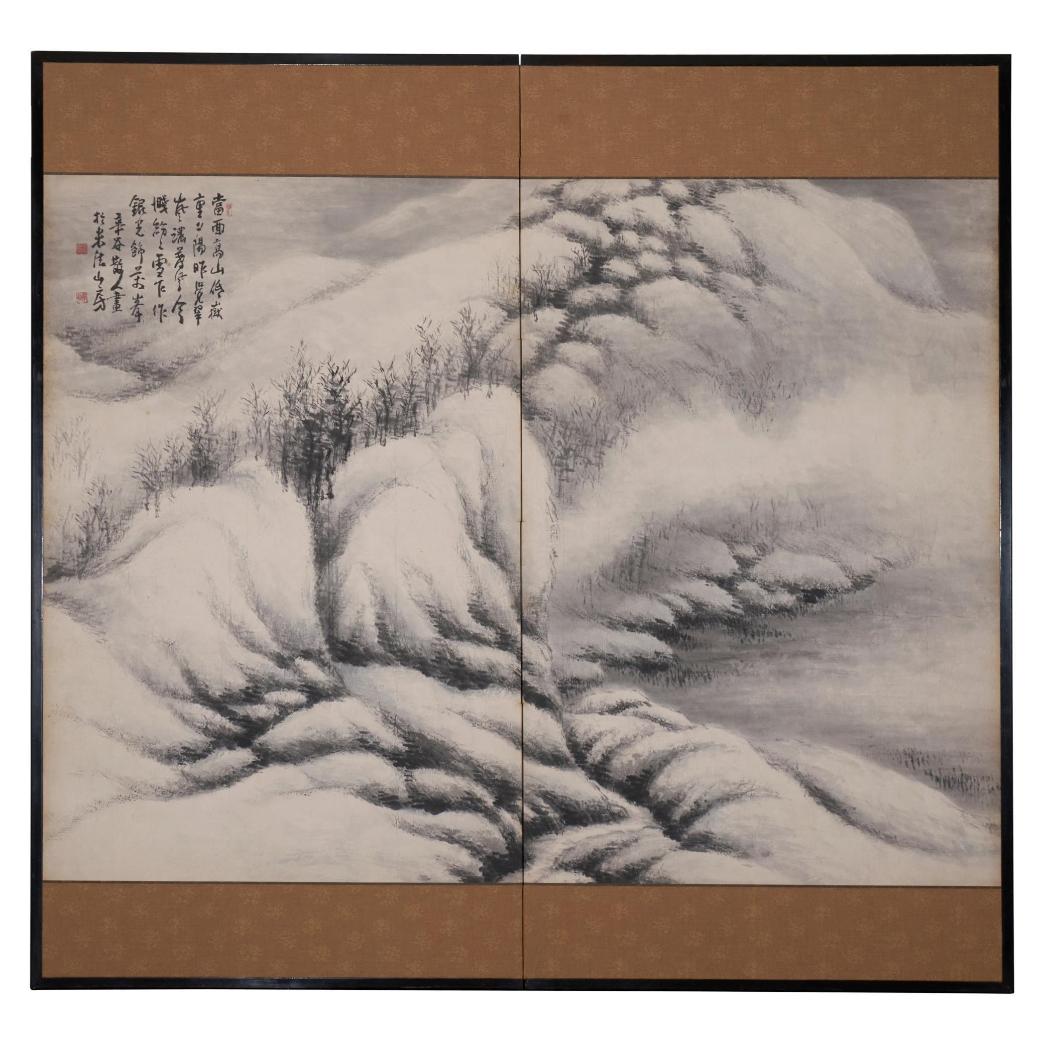 Écran japonais à deux panneaux : Scène de neige Sumi-e