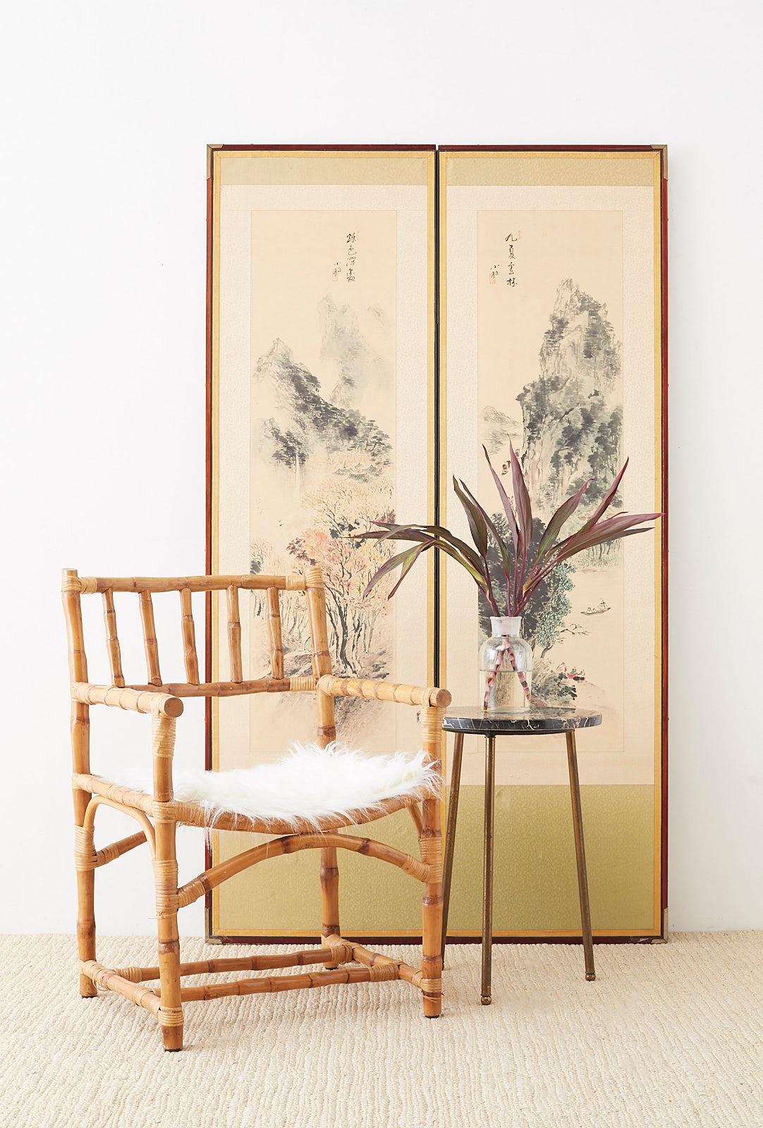 Unique Japanese two-panel screen depicting two painted landscapes of summer and autumn. Ink on color pigments each signed by artist with seals. Mounted to lacquered frames with silk borders. Paintings on textured paper measure 13 wide by 48 inches