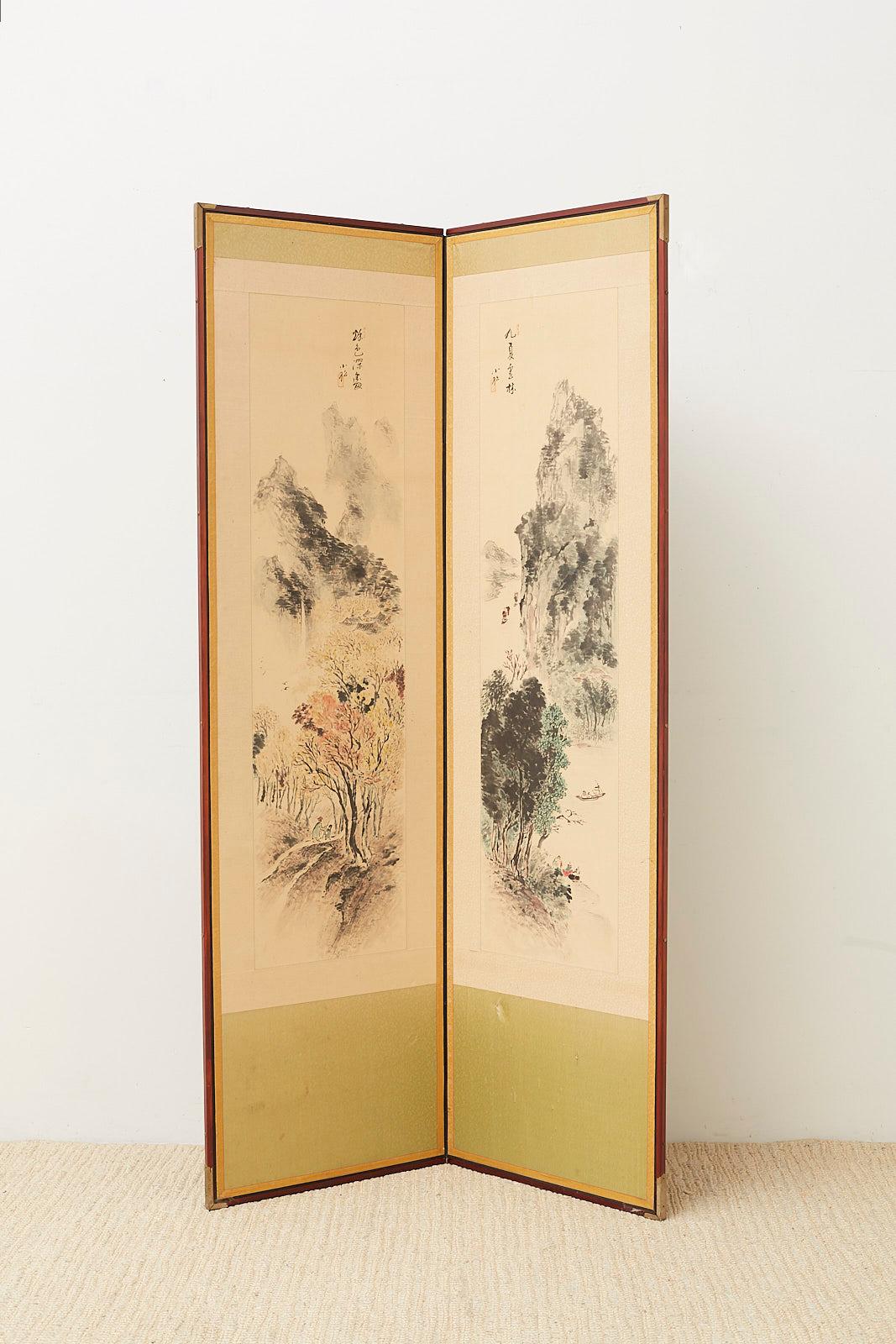 Lacquered Japanese Two-Panel Screen Summer and Autumn Landscapes