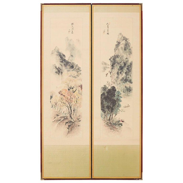 Two Panel Asian Screen Japanese Two-Panel Screen Summer and Autumn Landscapes at 1stDibs