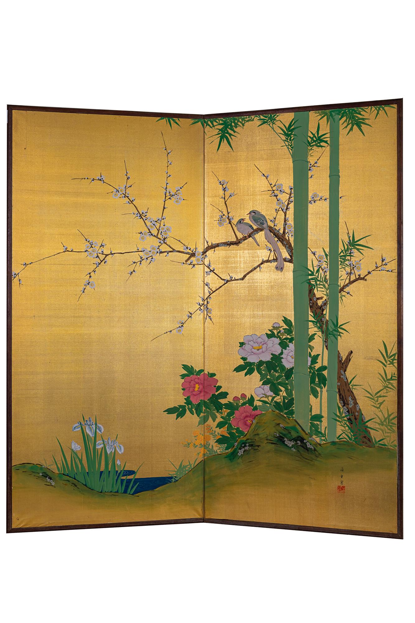 Japanese Two Panel Screen: Summer Flowers For Sale 8