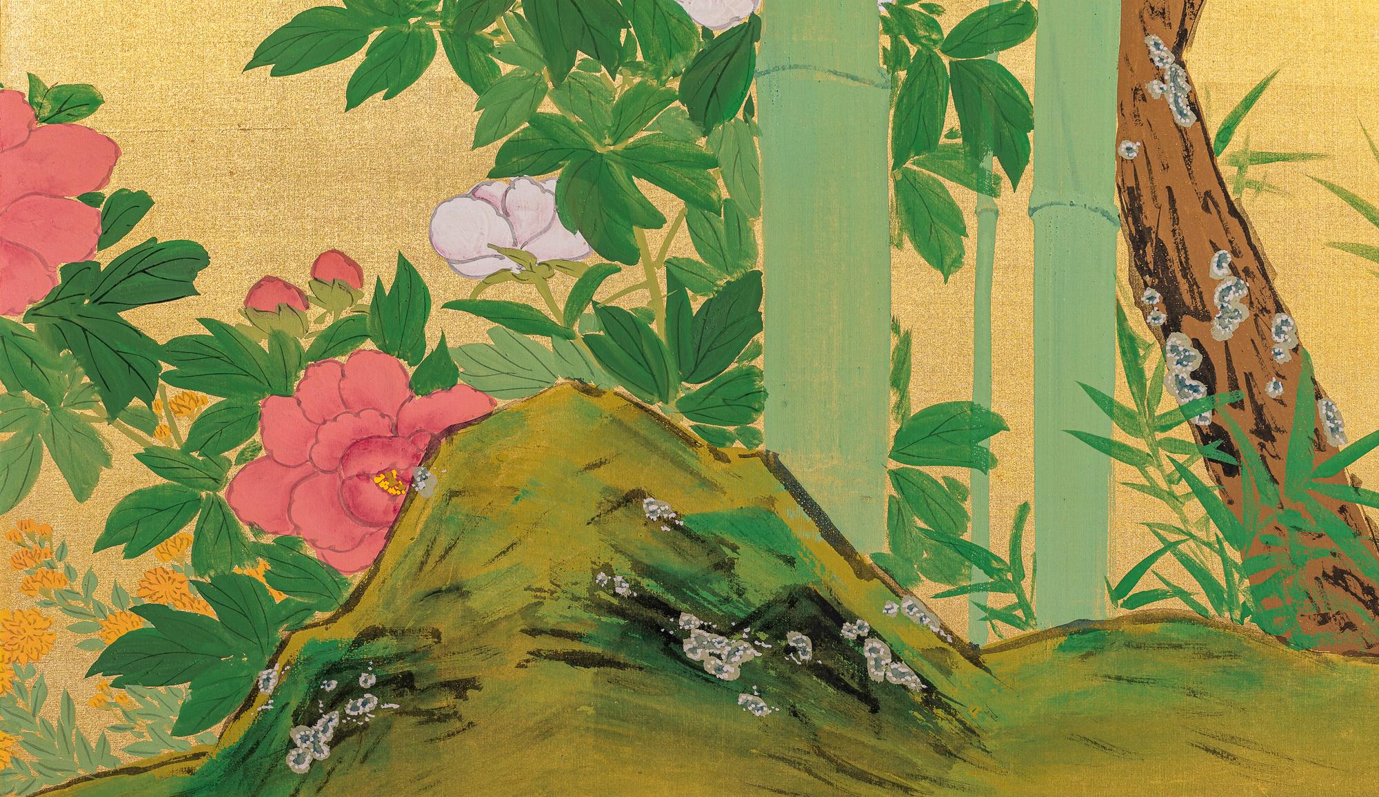 Screen depicts Summer flowers and birds on gilded silk.  Signature reads: Konishi Fukunen.                 Notes about Artist:  Konishi Fukunen (1887-1959) was born the second son of the Paper mounting specialist Konishi Uhei in Takeo, Fukui