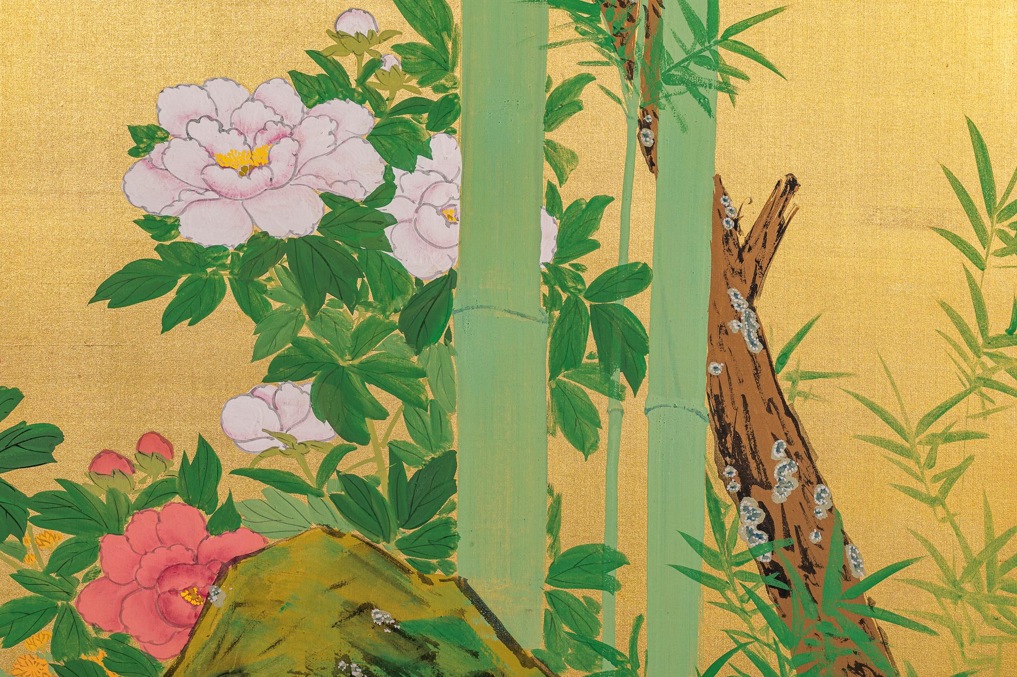 Japanese Two Panel Screen: Summer Flowers In Good Condition For Sale In Hudson, NY