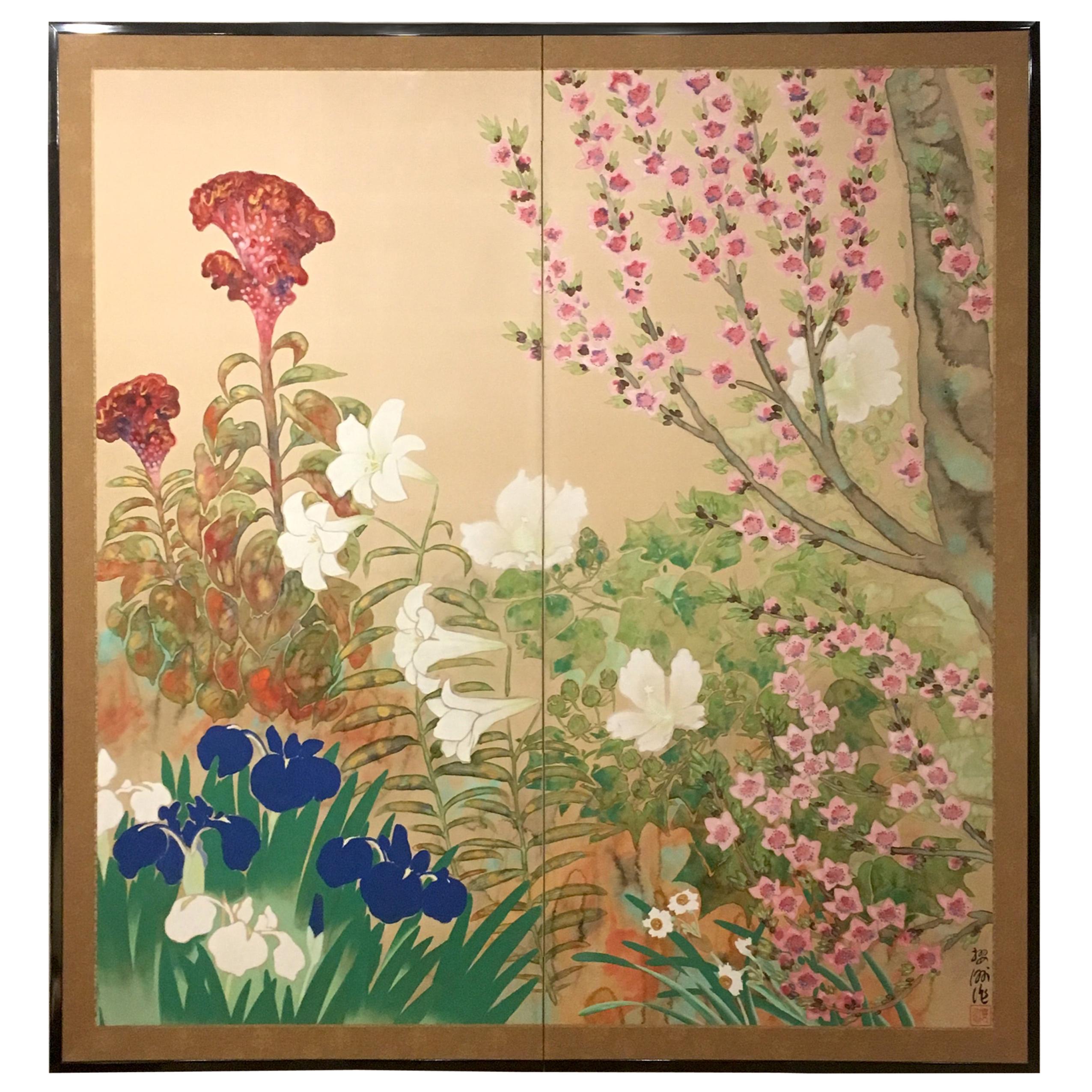 Japanese Two-Panel Screen Spring Flowers For Sale