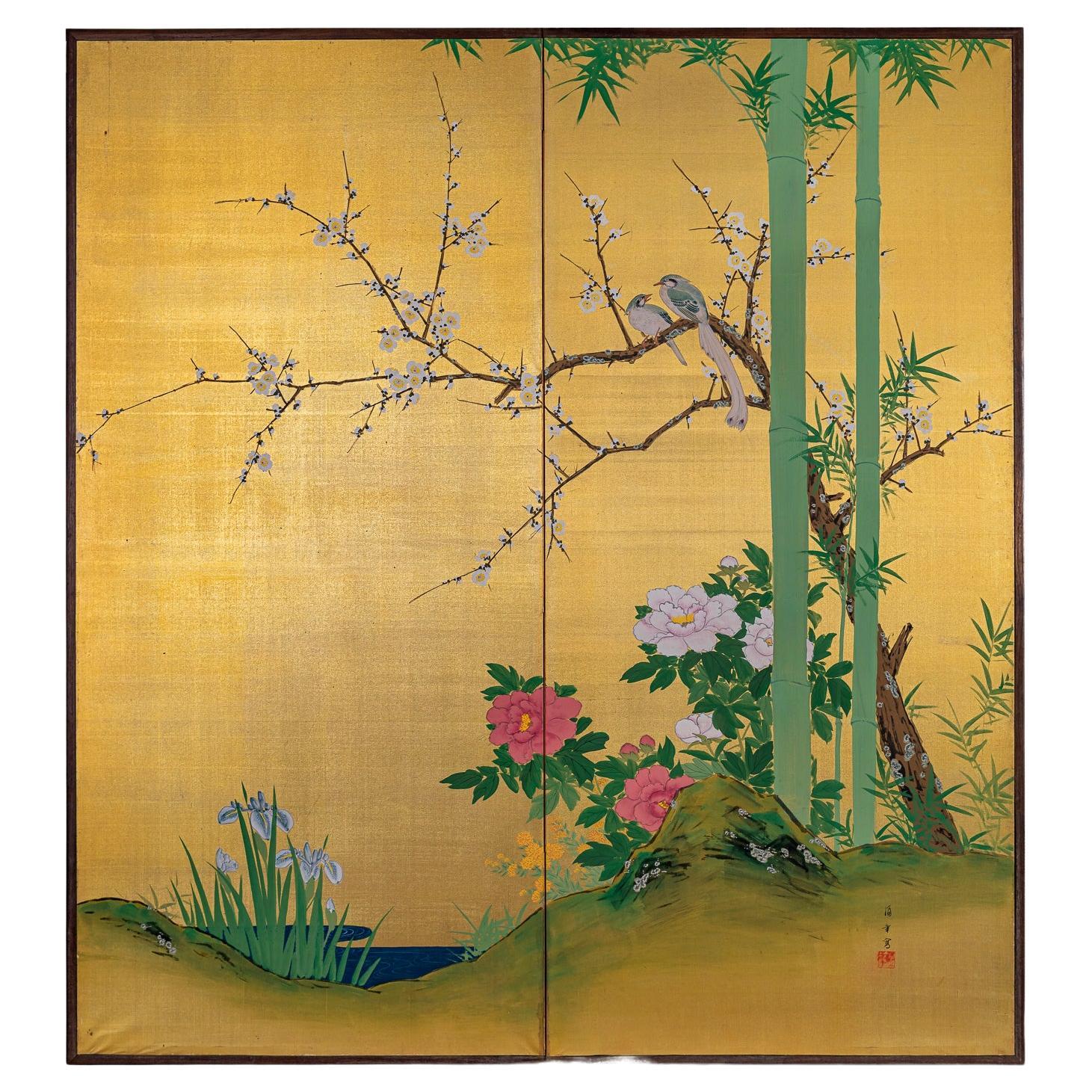 Japanese Two Panel Screen: Summer Flowers
