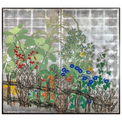 Japanese Two Panel Screen Summer Flowers on Silver
