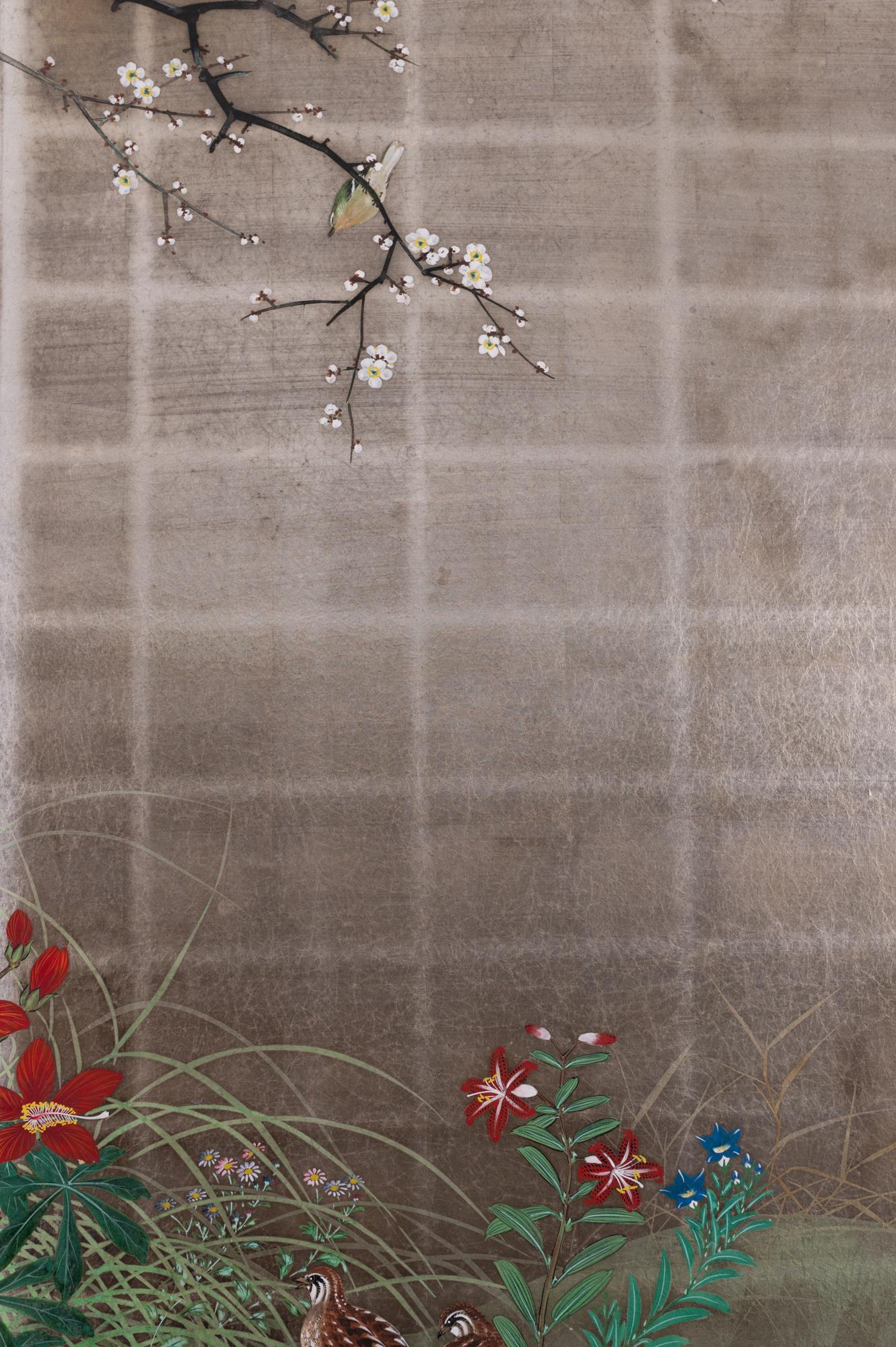 Japanese Two Panel Screen Summer Garden on Silver For Sale 7