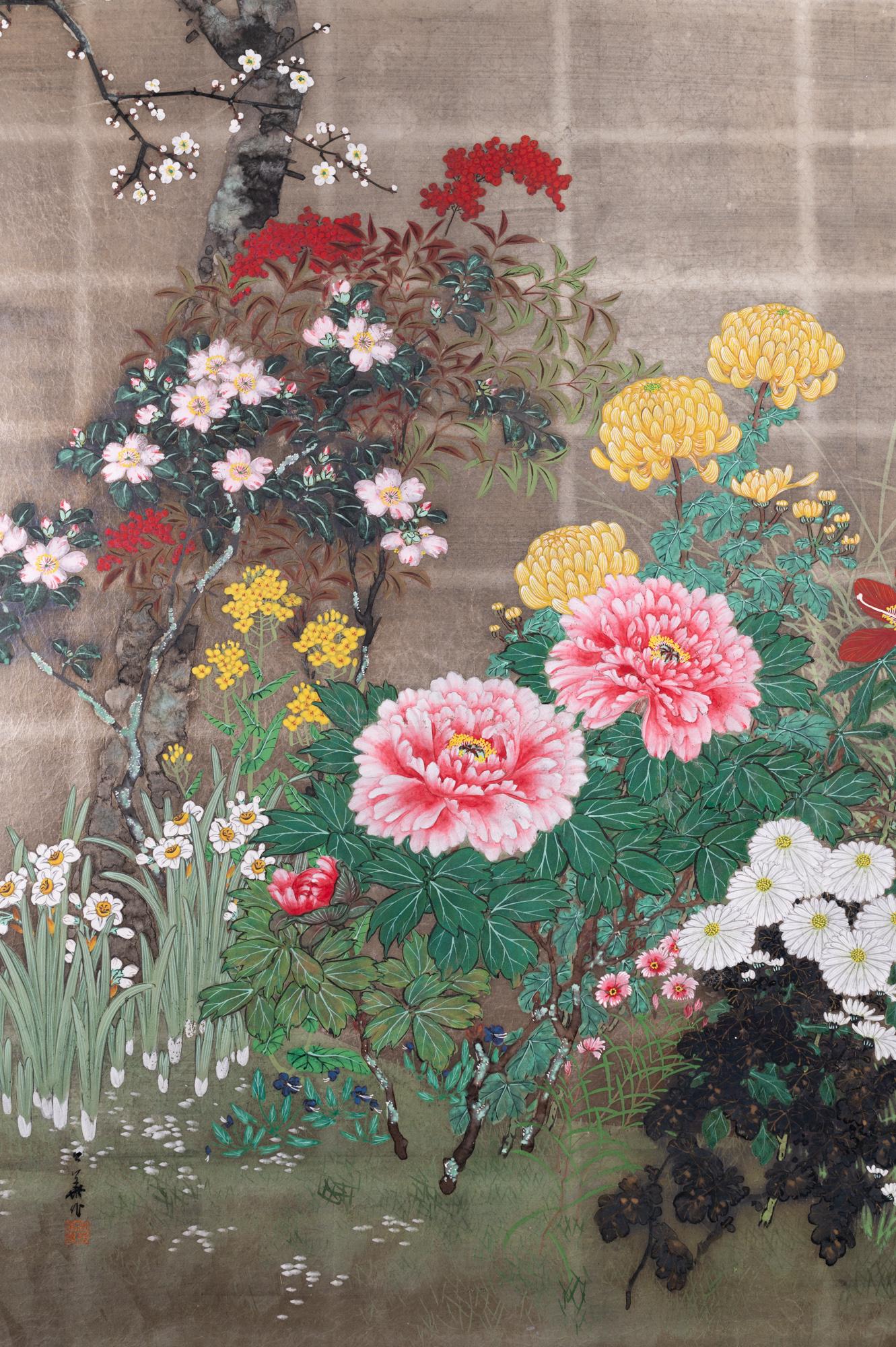 Flowers including peonies, dahlias, irises, and bellflowers bloom underneath a blossoming cherry tree and provide cover for a pair of quail. The structure of this garden almost resembles an English style garden. Mineral pigments on mulberry paper