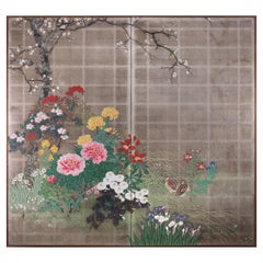 Japanese Two Panel Screen Summer Garden on Silver