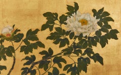 Japanese Two Panel Screen – Summer Peonies in Bloom