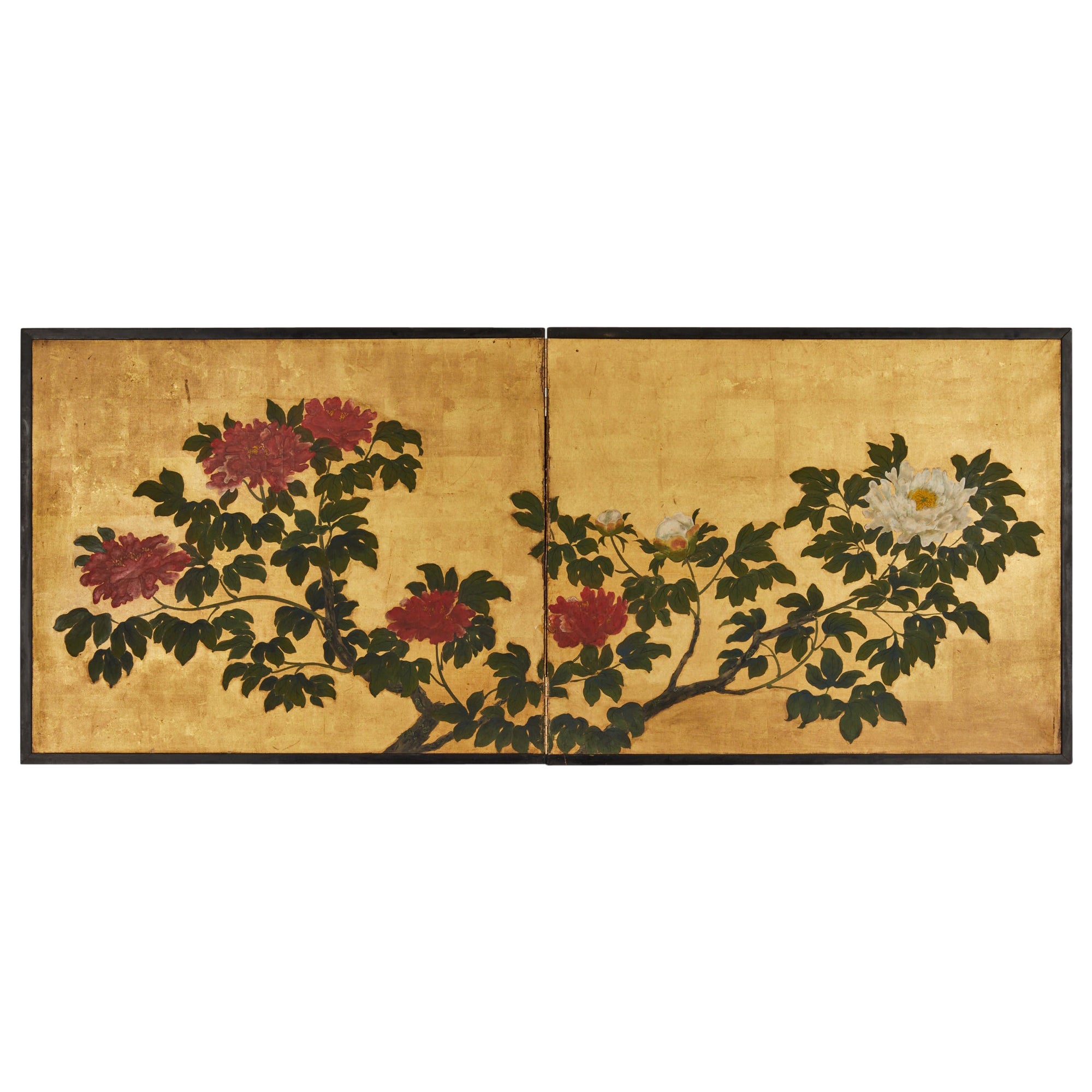 Japanese Two Panel Screen – Summer Peonies in Bloom For Sale