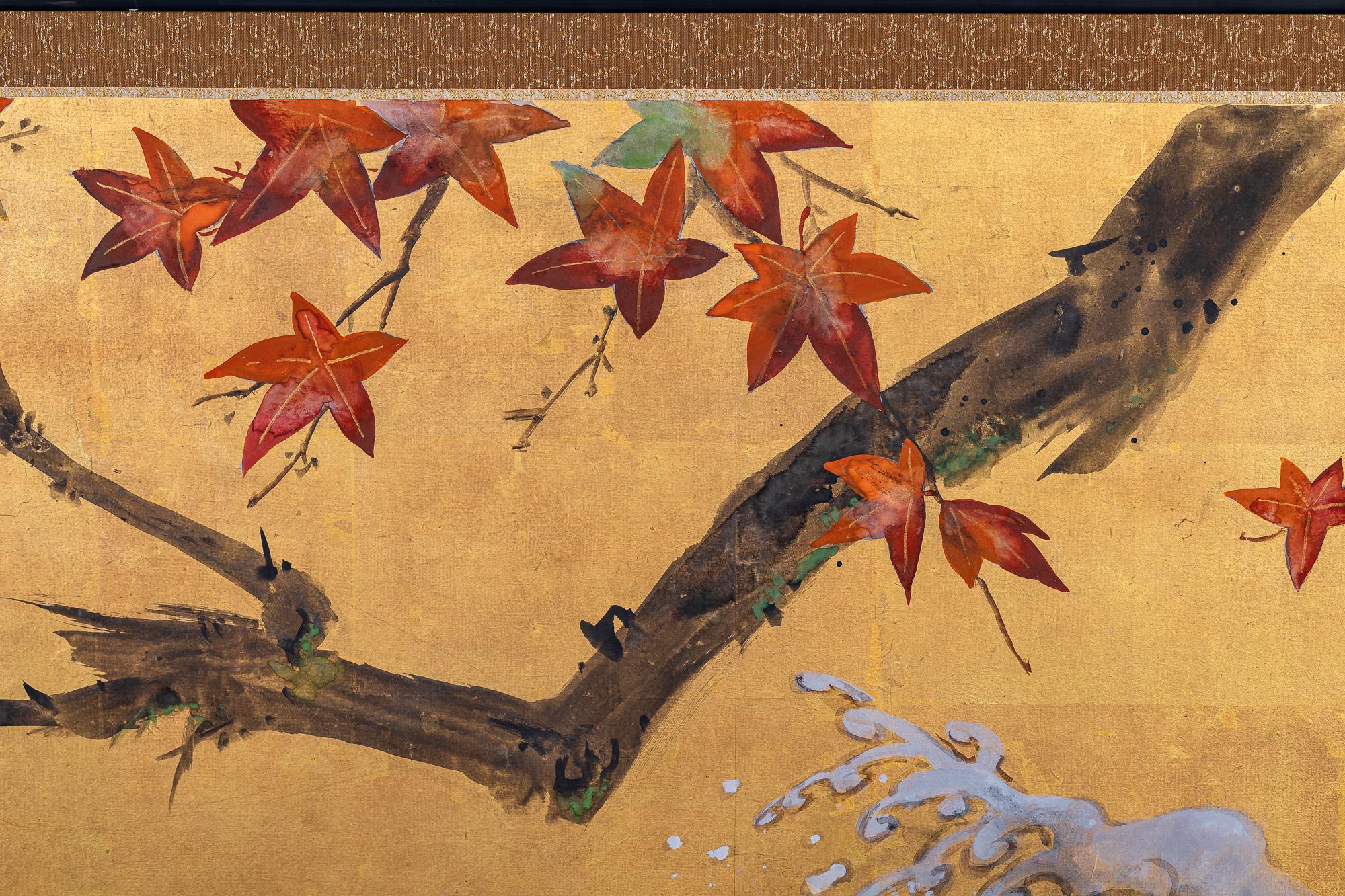 Japanese Two Panel Screen, Sun and Cresting Waves Through Maple 6