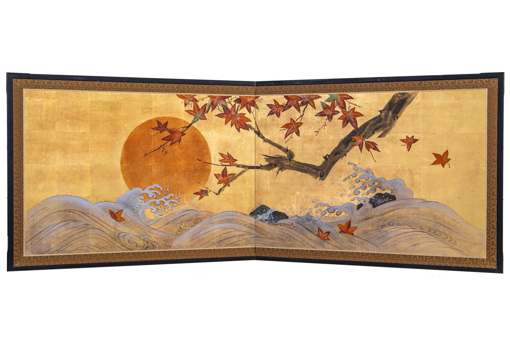 Japanese Two Panel Screen, Sun and Cresting Waves Through Maple 9