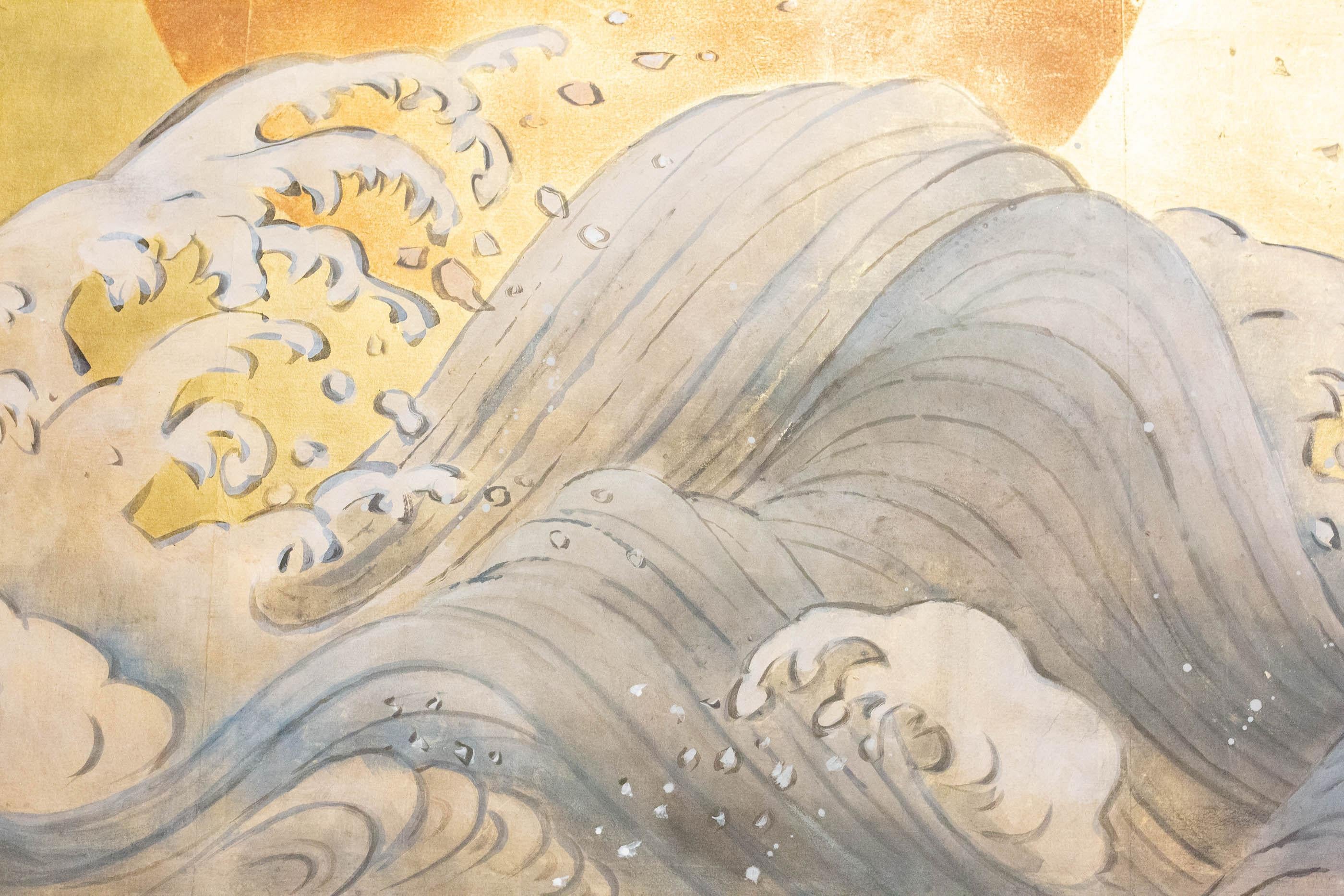 Hand-Painted Japanese Two Panel Screen Sun Over Cresting Waves on Gold Leaf