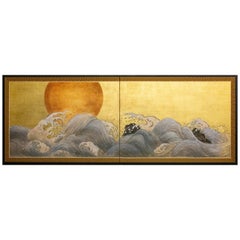 Japanese Two Panel Screen Sun Over Cresting Waves on Gold Leaf