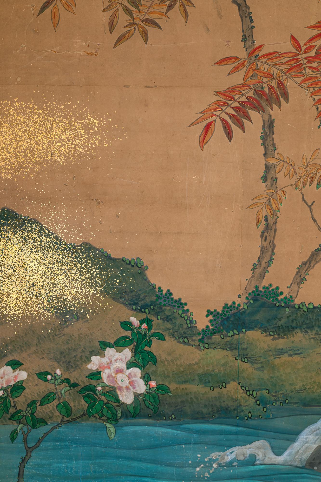 Japanese Two Panel Screen: Sun over Cresting Waves with Golden Clouds For Sale 5