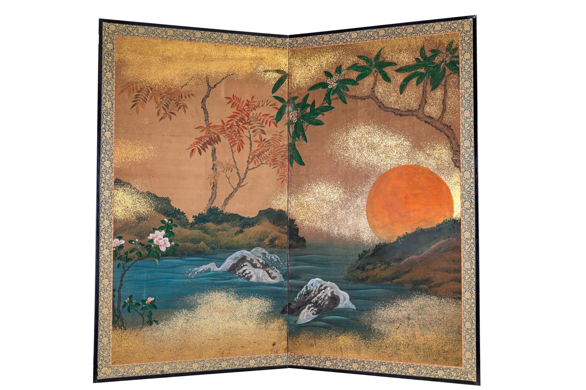 Japanese Two Panel Screen: Sun over Cresting Waves with Golden Clouds For Sale 11