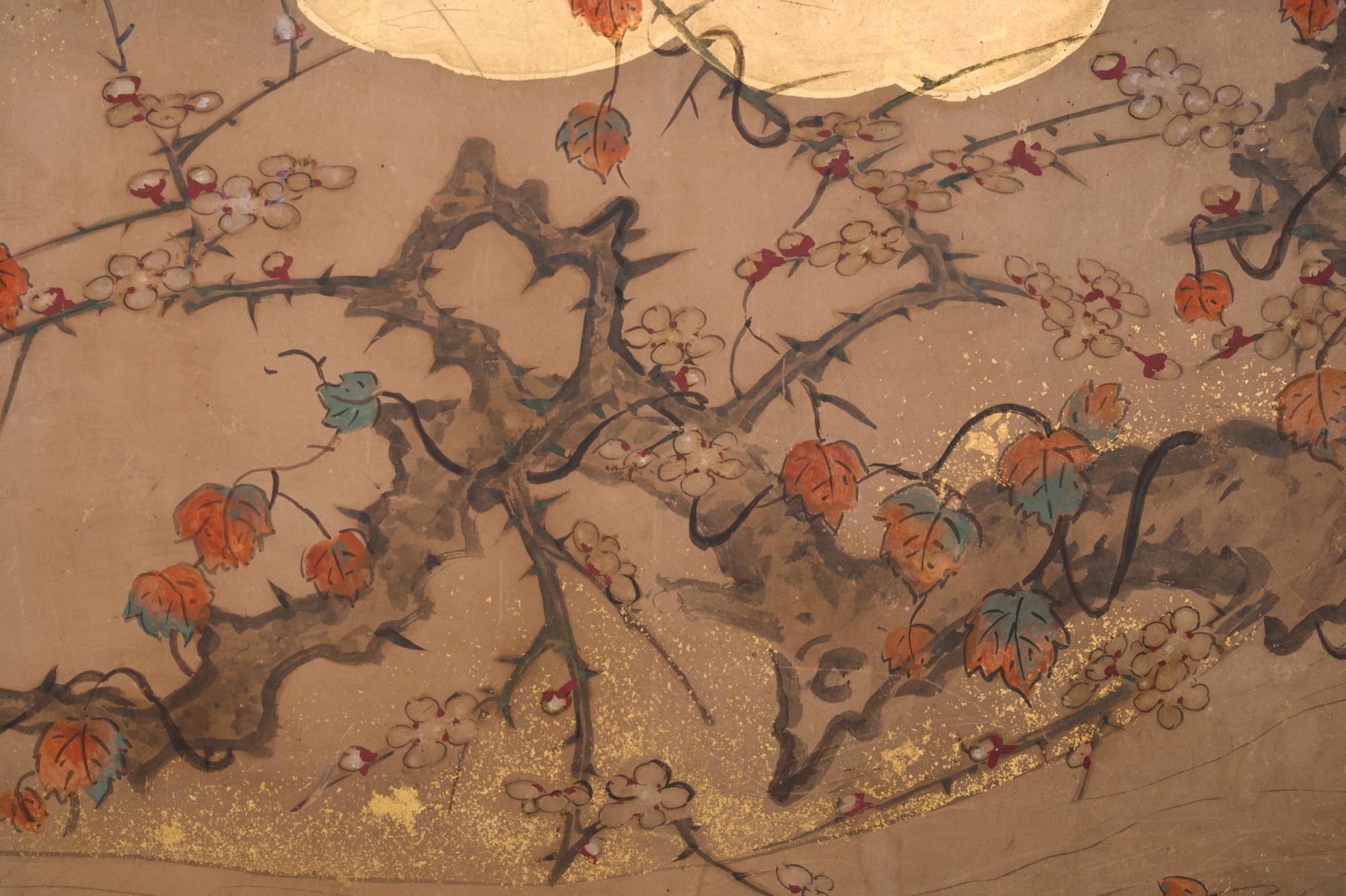 Japanese Two Panel Screen Sun Over Floral Landscape with Gold Clouds In Good Condition For Sale In Hudson, NY
