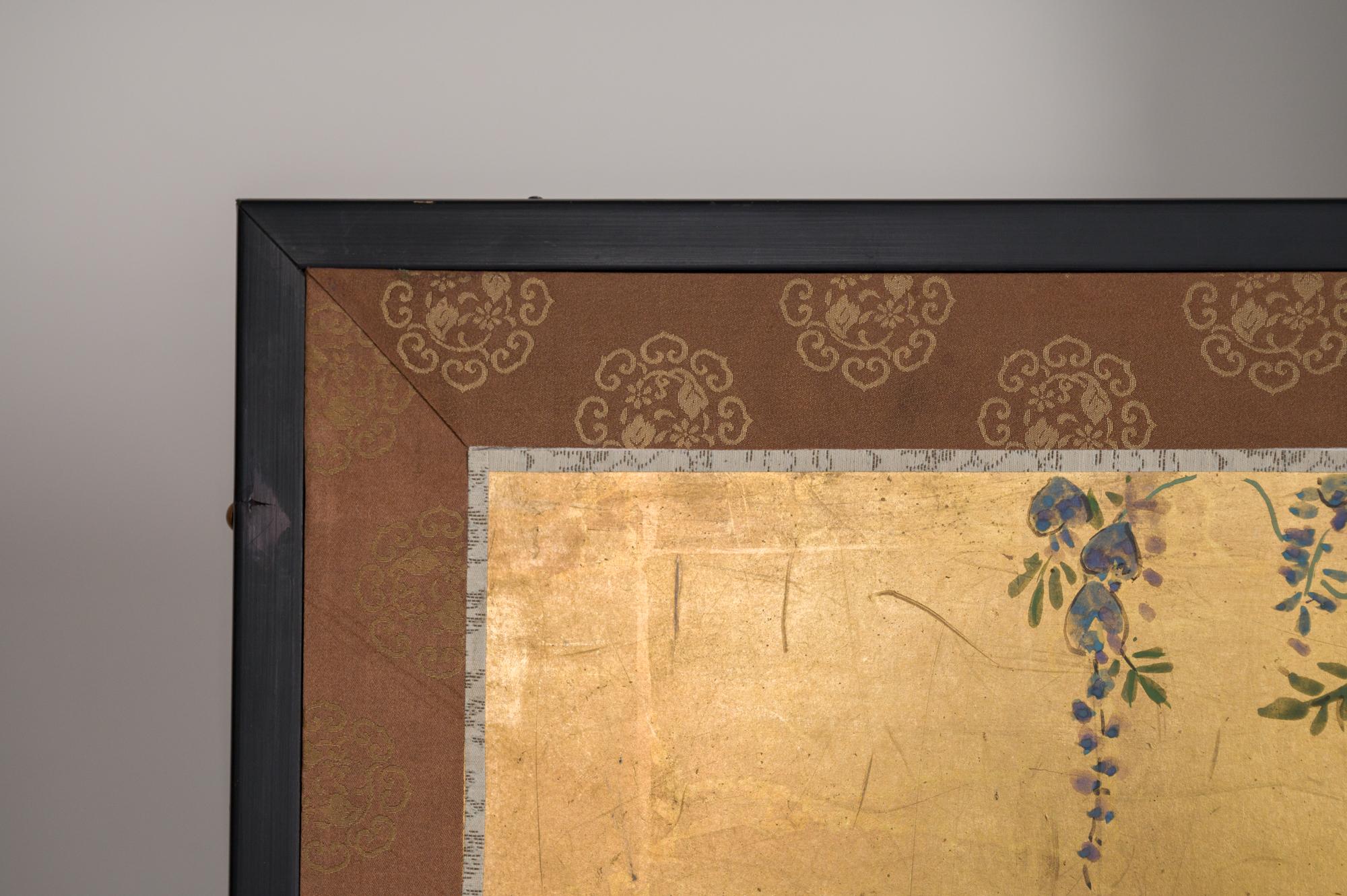 Japanese Two Panel Screen Sun Over Floral Landscape with Gold Clouds For Sale 2