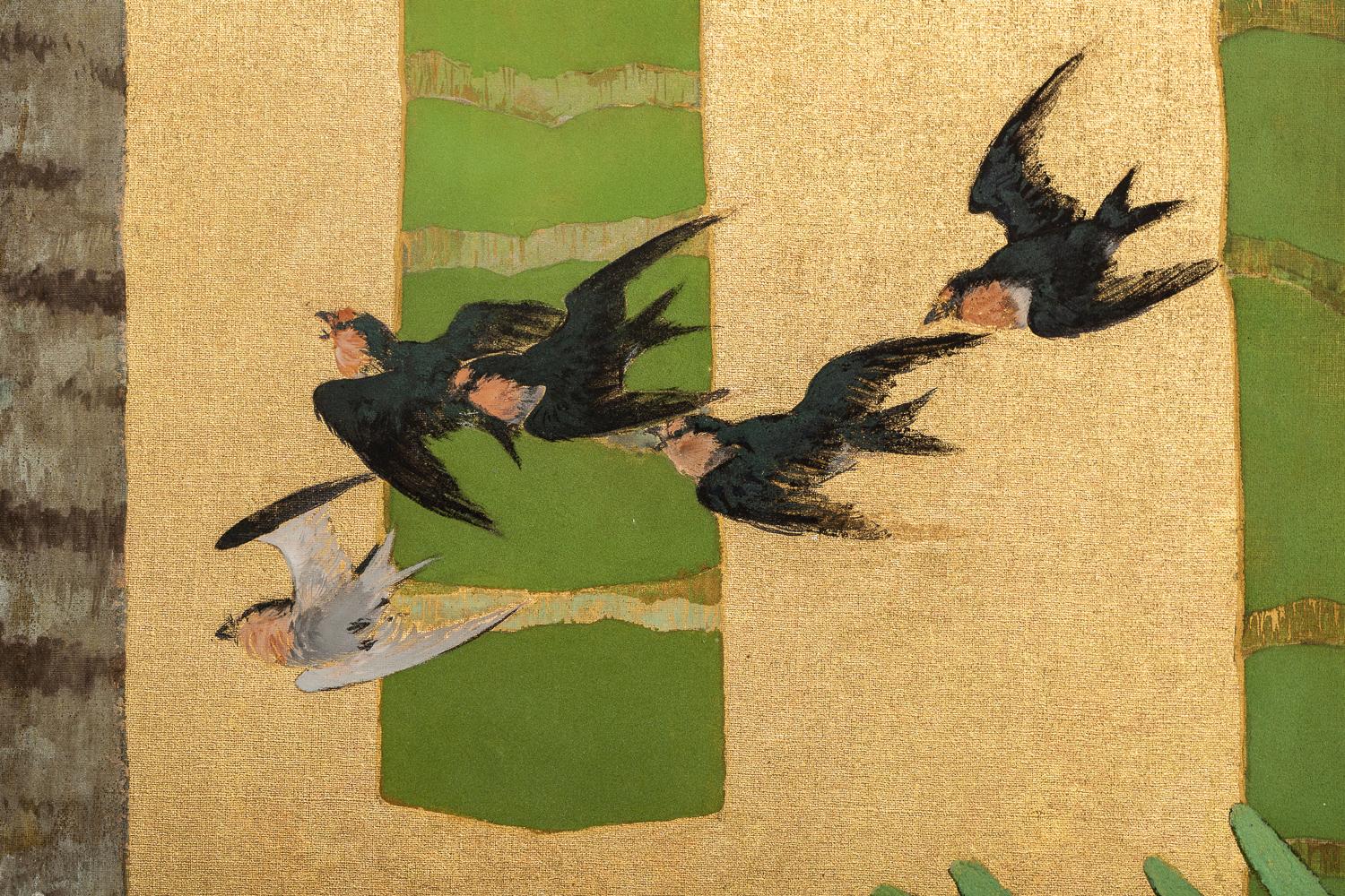 Japanese Two-Panel Screen, Swallows in Tropical Landscape ‘Southern Islands’ In Good Condition For Sale In Hudson, NY