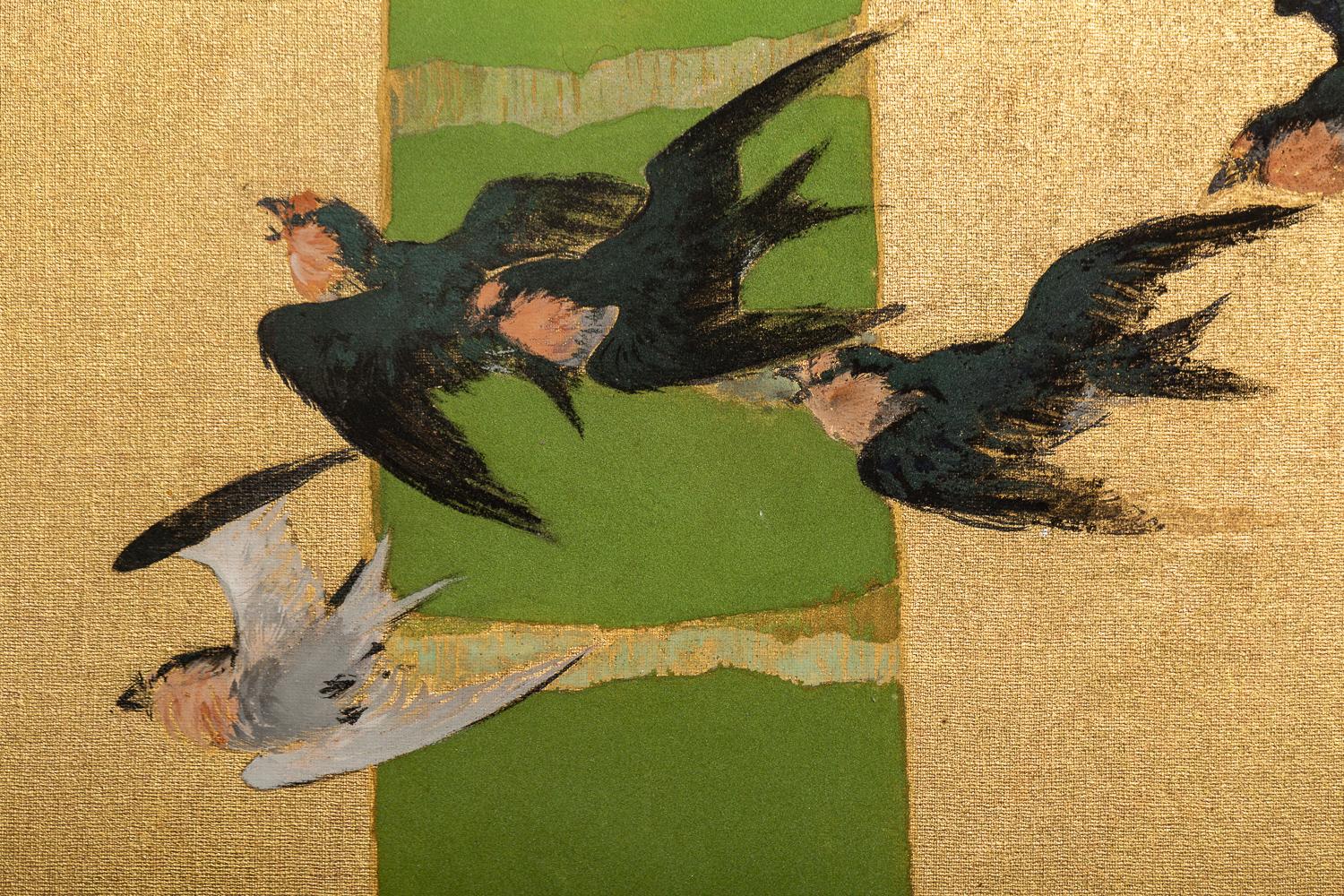 20th Century Japanese Two-Panel Screen, Swallows in Tropical Landscape ‘Southern Islands’ For Sale