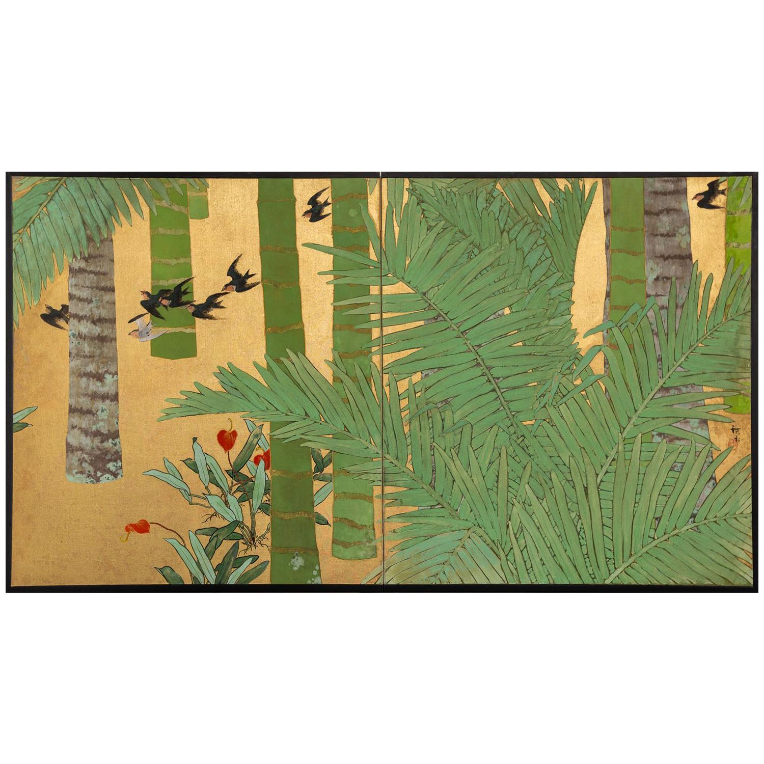 Japanese Two-Panel Screen, Swallows in Tropical Landscape ‘Southern Islands’ For Sale