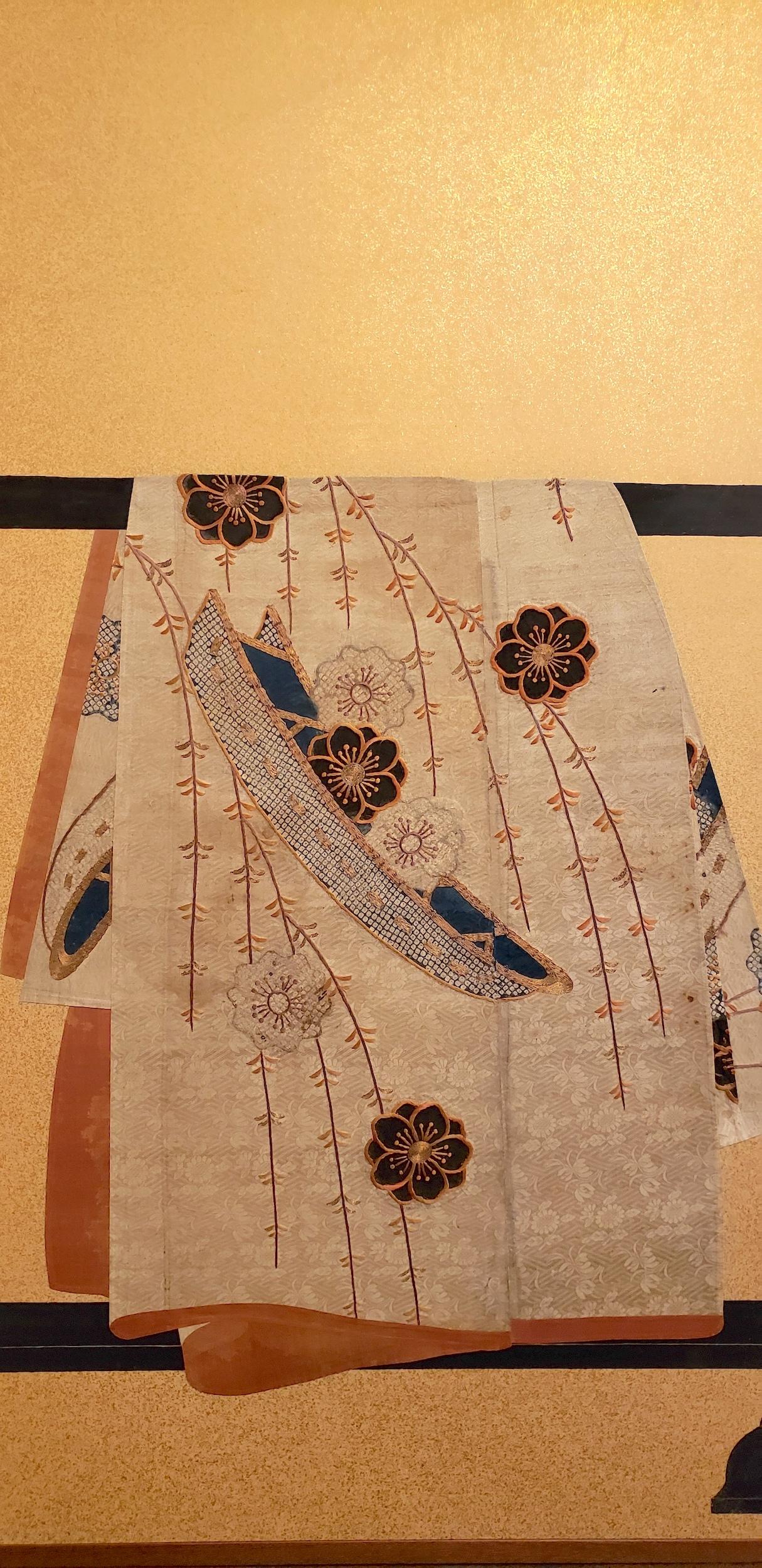 Textile Japanese Two Panel Screen: Tagasode (Whose Sleeves?)