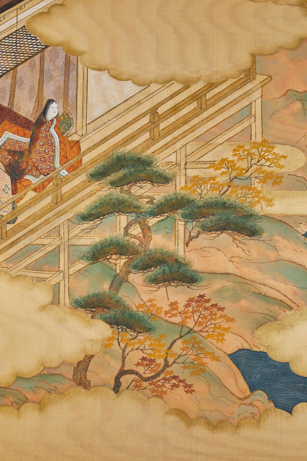 Japanese Two-Panel Screen Tale of Genji Signed 4