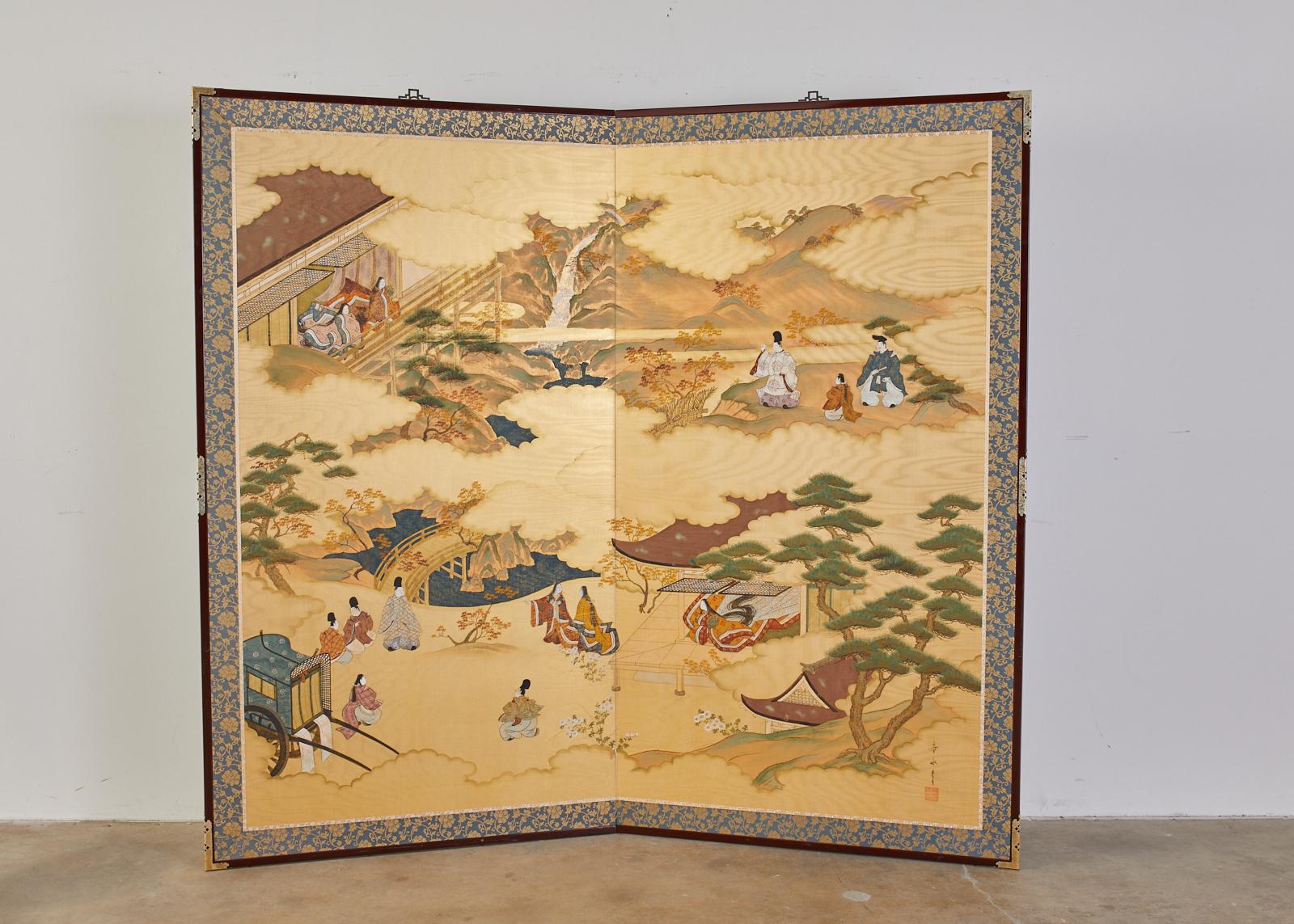 Japanese Two-Panel Screen Tale of Genji Signed 9