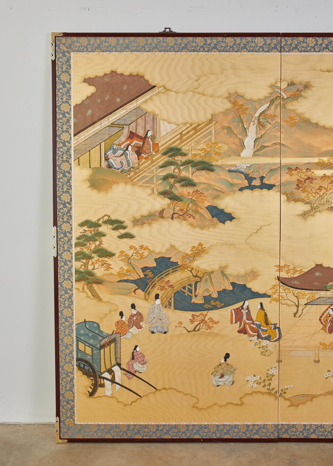 Large Japanese two-panel screen hand painted on silk signed by artist Shunsui with a seal. Depicts scene from romantic narrative tale of Genji from the Heian period. Made in the Nihonga school style with ink and color pigments over a gold silk