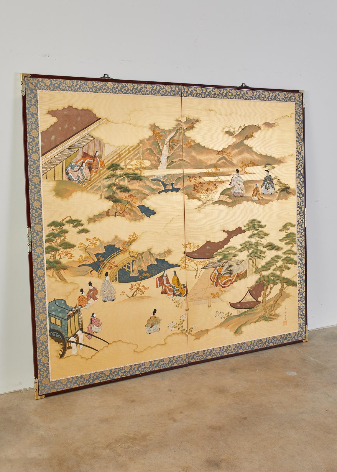 Hand-Crafted Japanese Two-Panel Screen Tale of Genji Signed