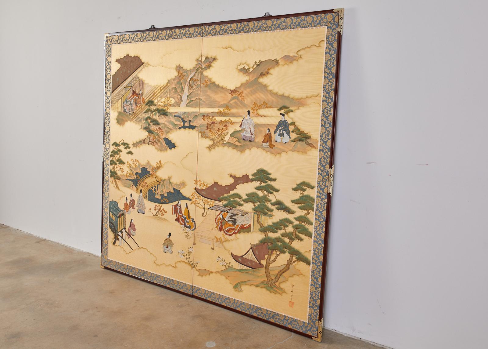 20th Century Japanese Two-Panel Screen Tale of Genji Signed