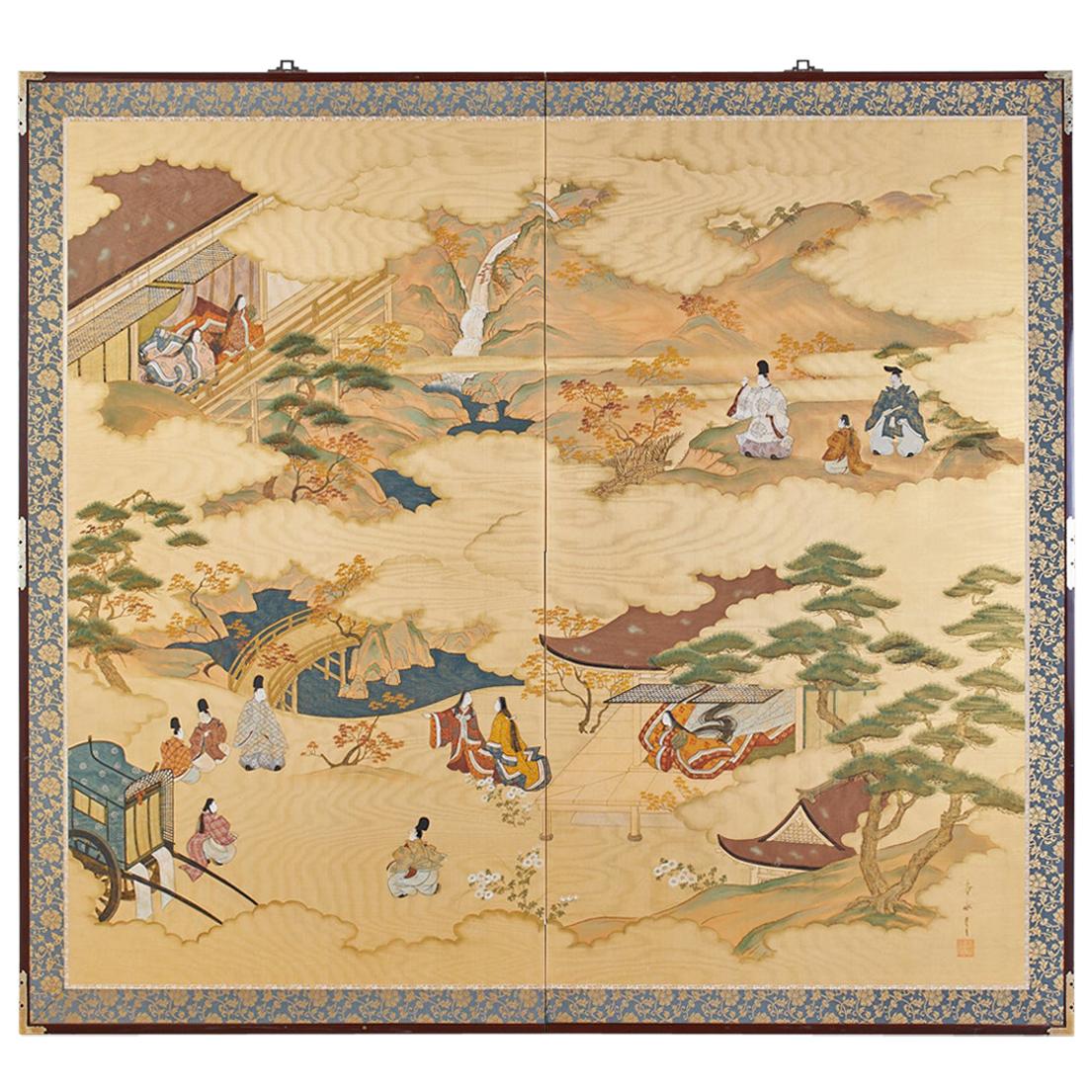 Japanese Two-Panel Screen Tale of Genji Signed