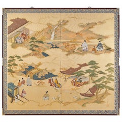 Japanese Two-Panel Screen Tale of Genji Signed