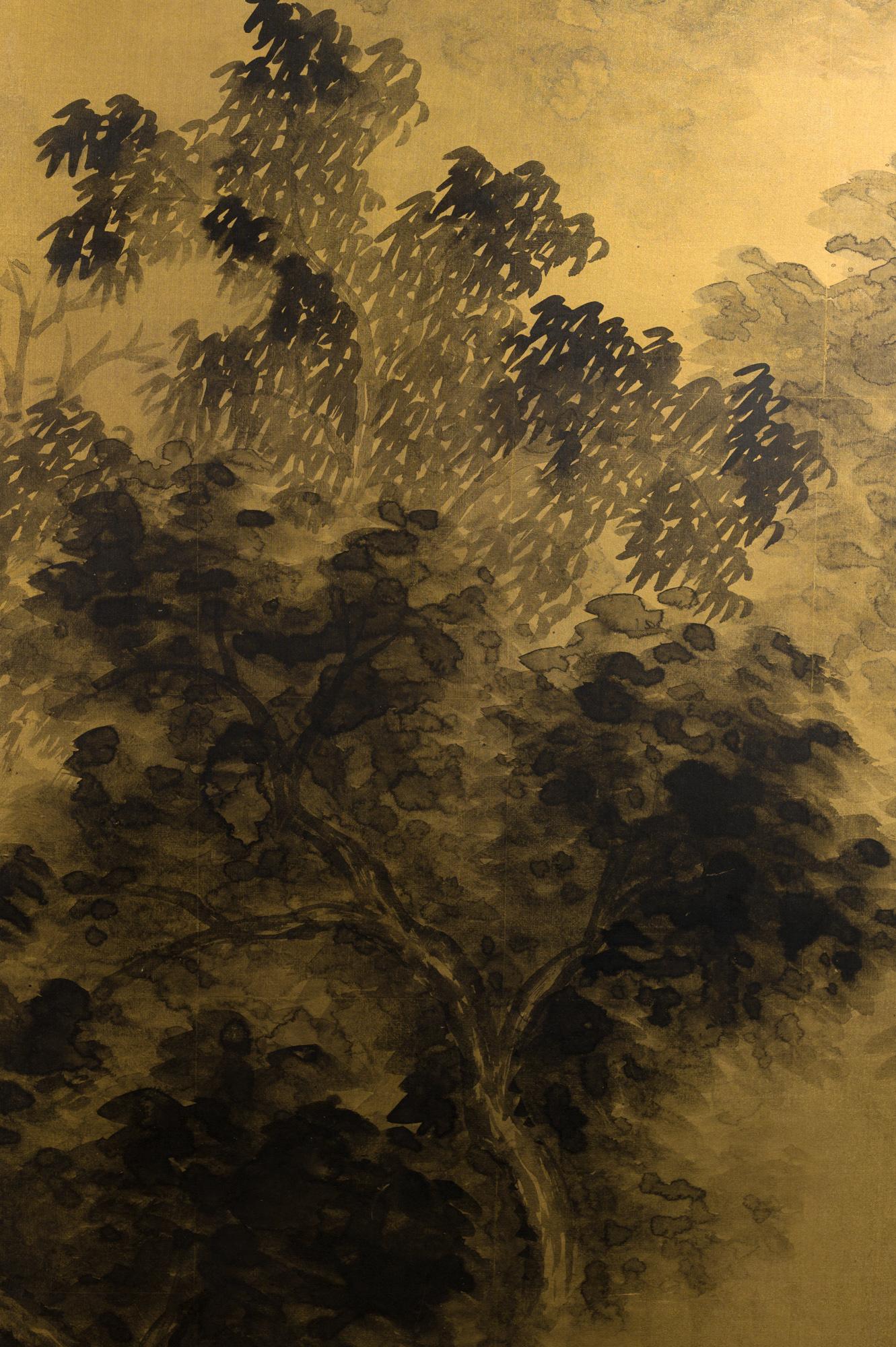 Early 20th Century Japanese Two-Panel Screen Temples Through Misty Forest For Sale