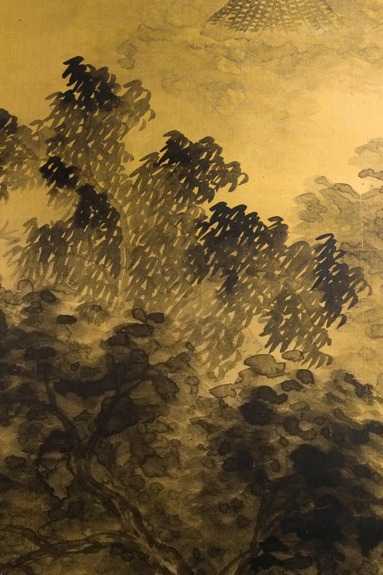 Japanese Two-Panel Screen Temples Through Misty Forest For Sale 1