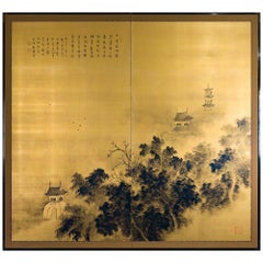 Japanese Two-Panel Screen Temples Through Misty Forest