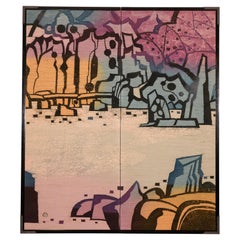 Japanese Two Panel Screen: Textile Landscape