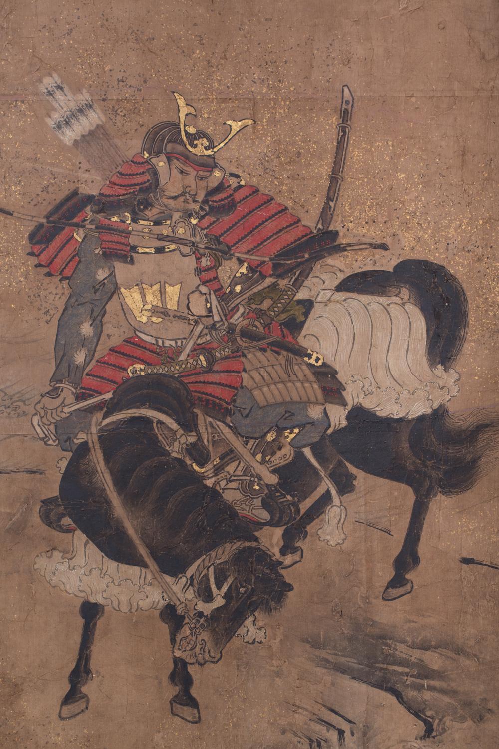This screen depicts two Heike generals, Sasaki Takatsuna and Kajiwara Kagesue, on their horses, crossing the Uji River which signaled the beginning of the first Battle at Uji Bridge. The Heike were pursuing Prince Mochihito and Minamoto Yorimasa,