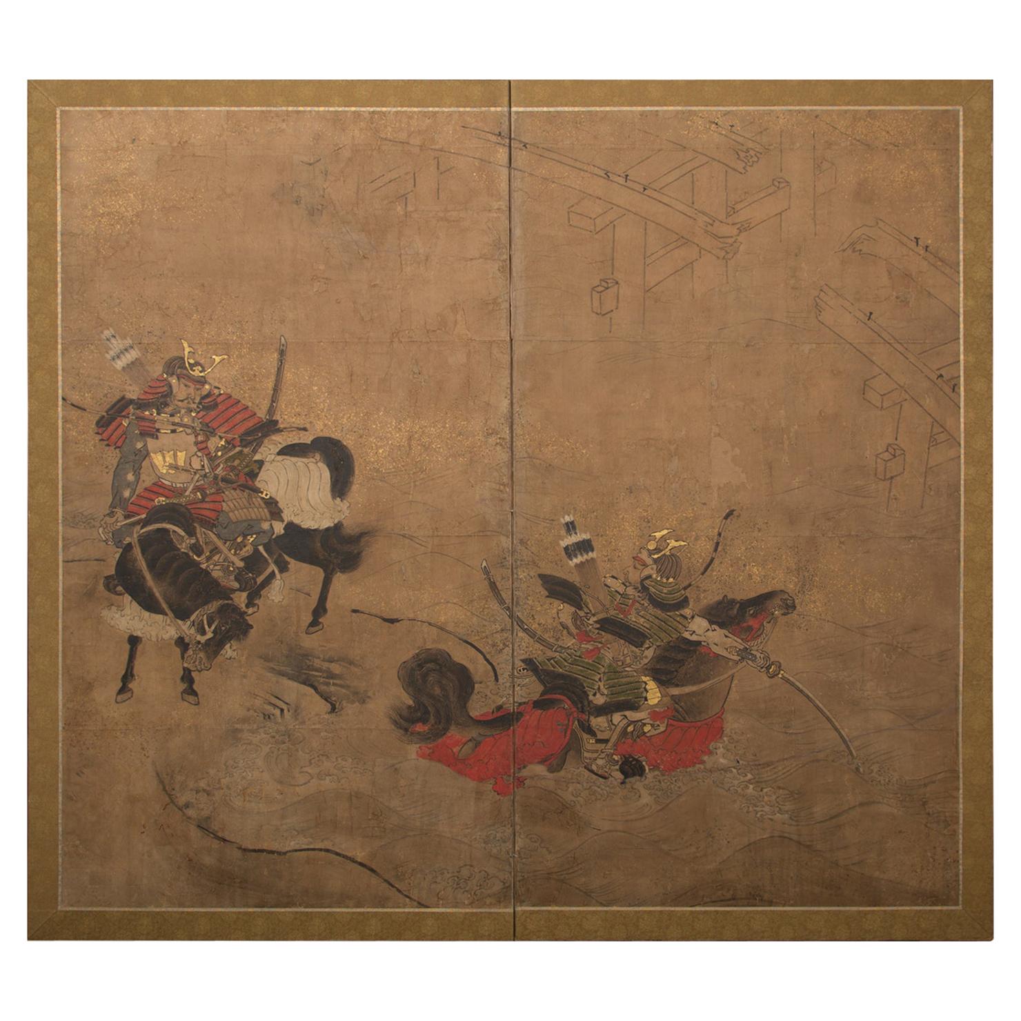 Japanese Two Panel Screen The Battle of Uji Bridge