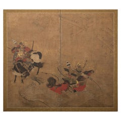 Antique Japanese Two Panel Screen The Battle of Uji Bridge