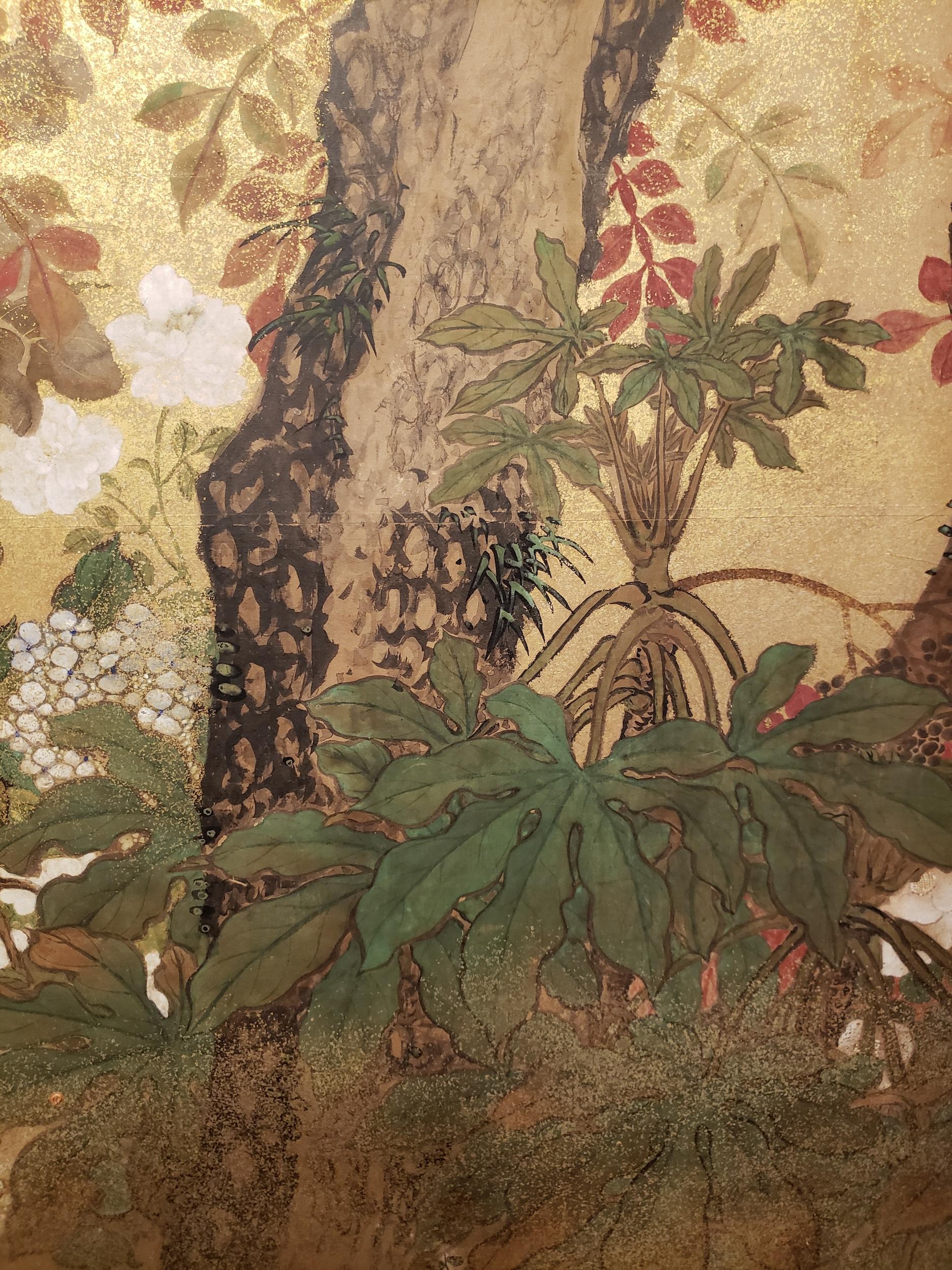 Japanese Two Panel Screen: Trees in Floral Landscape In Good Condition For Sale In Hudson, NY