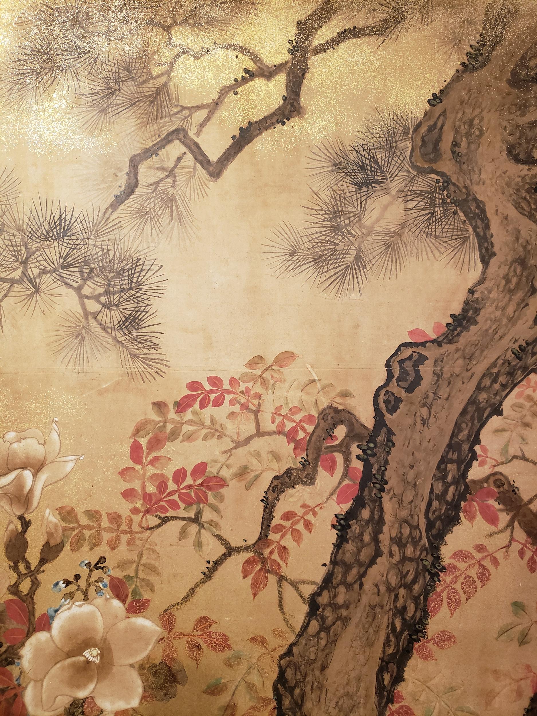 Silk Japanese Two Panel Screen: Trees in Floral Landscape For Sale