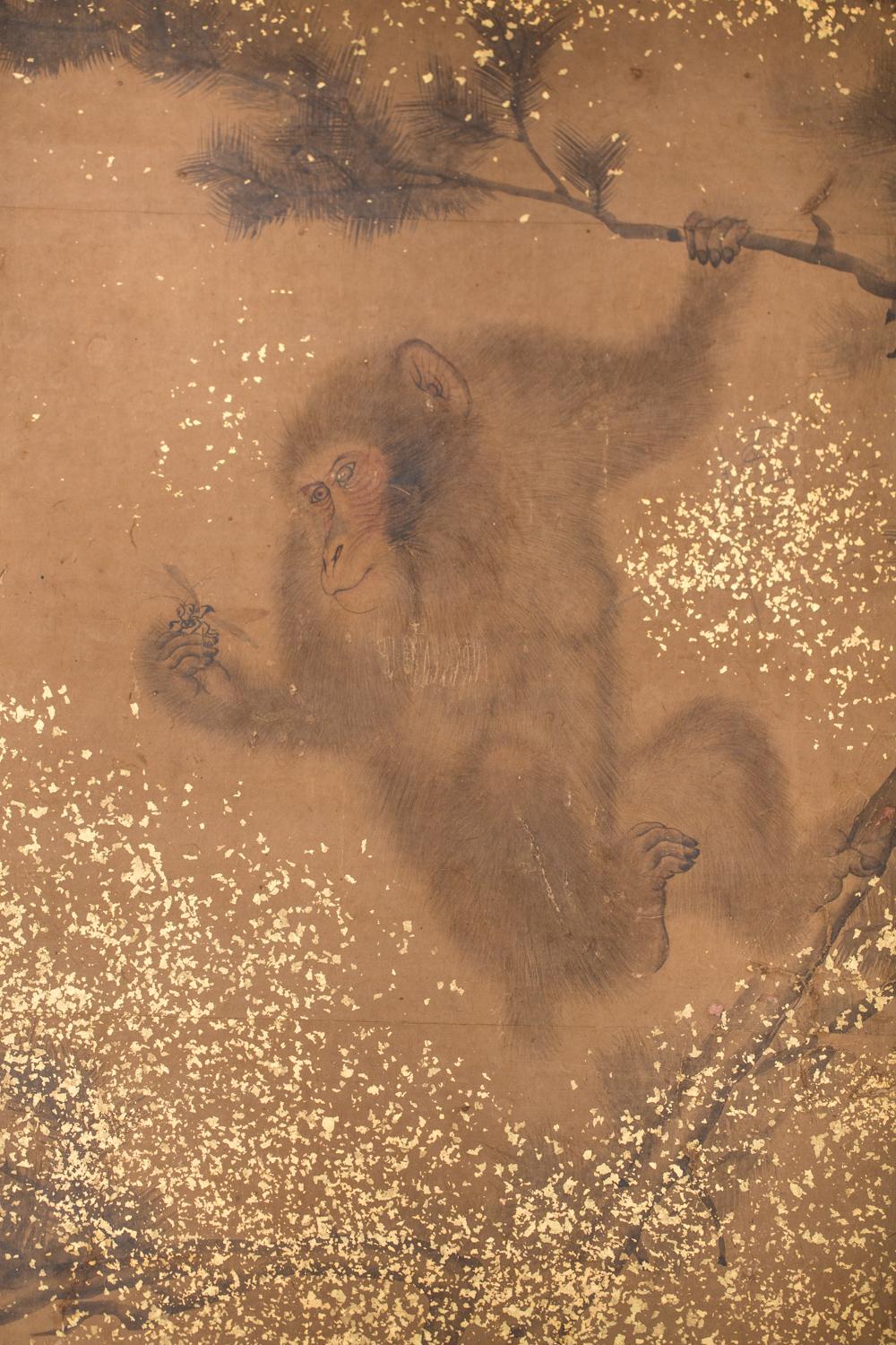 Edo Japanese Two-Panel Screen Troop of Monkeys in a Tree