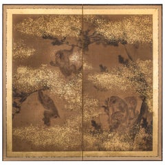 Japanese Two-Panel Screen Troop of Monkeys in a Tree