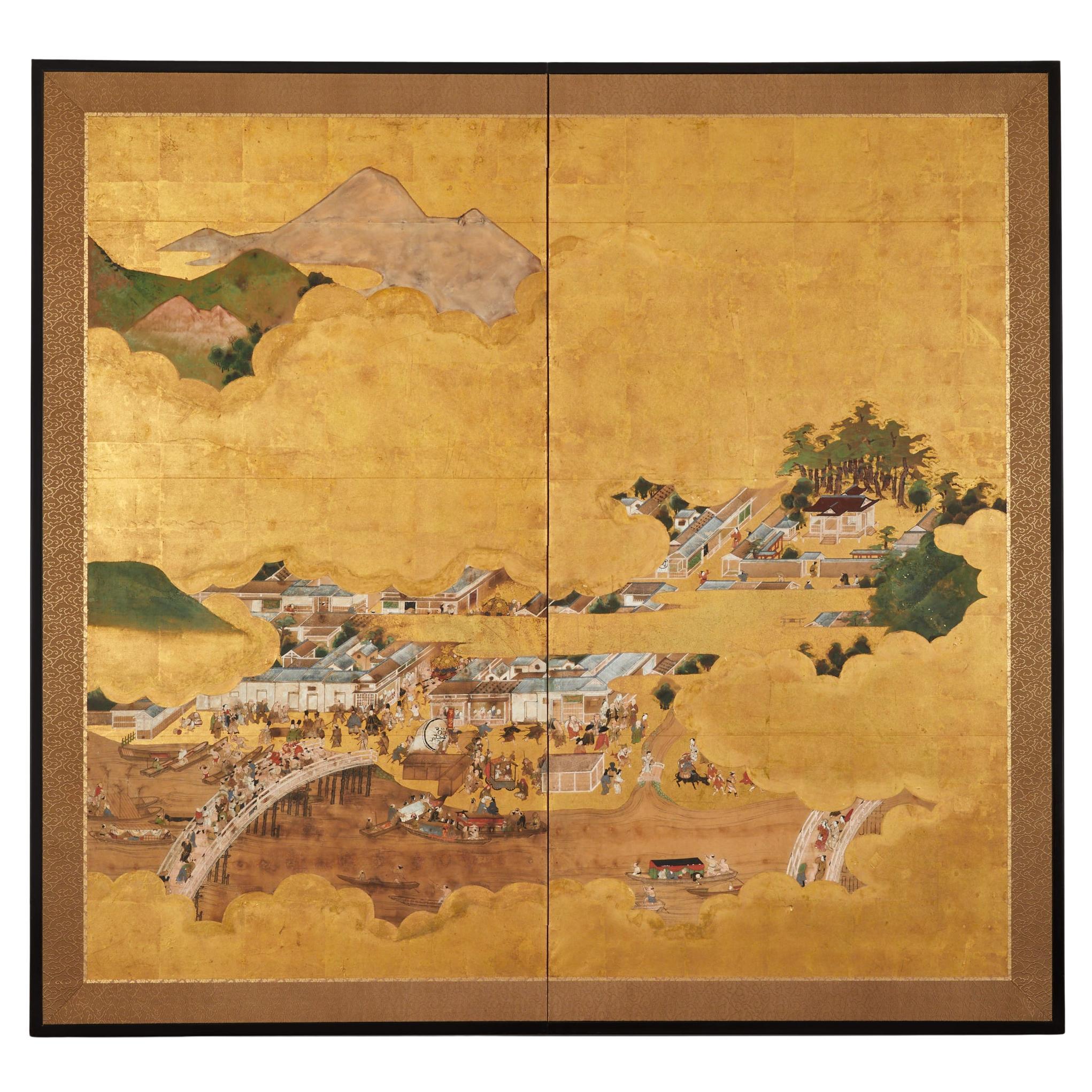 Japanese Two Panel Screen: View of Nagasaki City For Sale