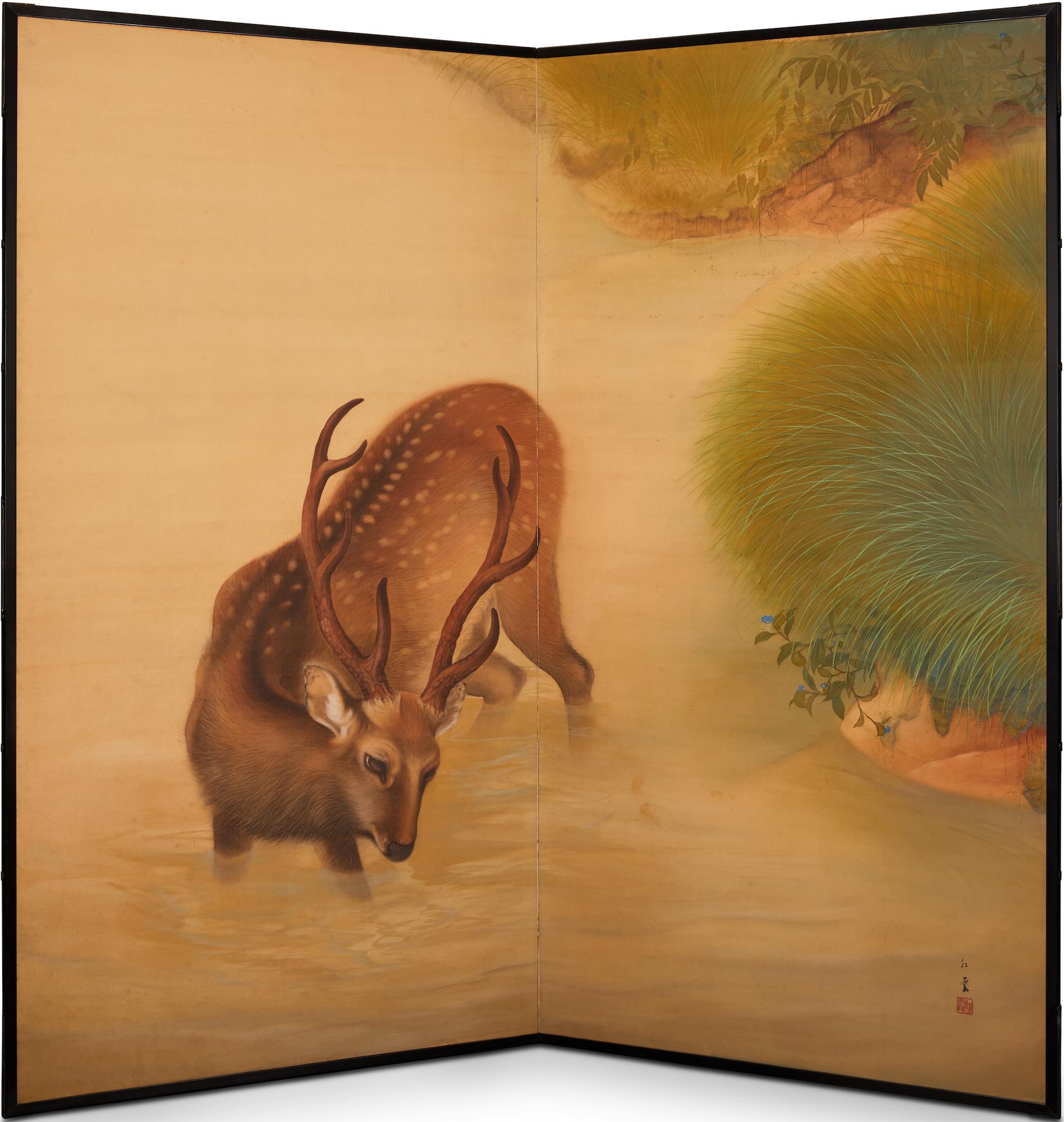 Japanese Two-Panel Screen, Wading Deer For Sale 4