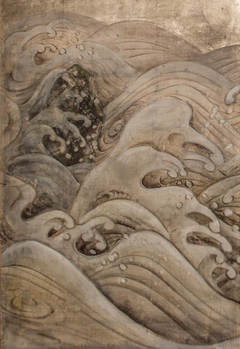 Japanese two panel screen: Waves and moon on silver, early 20th century painting of a turbulent ocean as seen from a craggy shore. Painted in sumi (ink) on silver leaf with white wash foam.