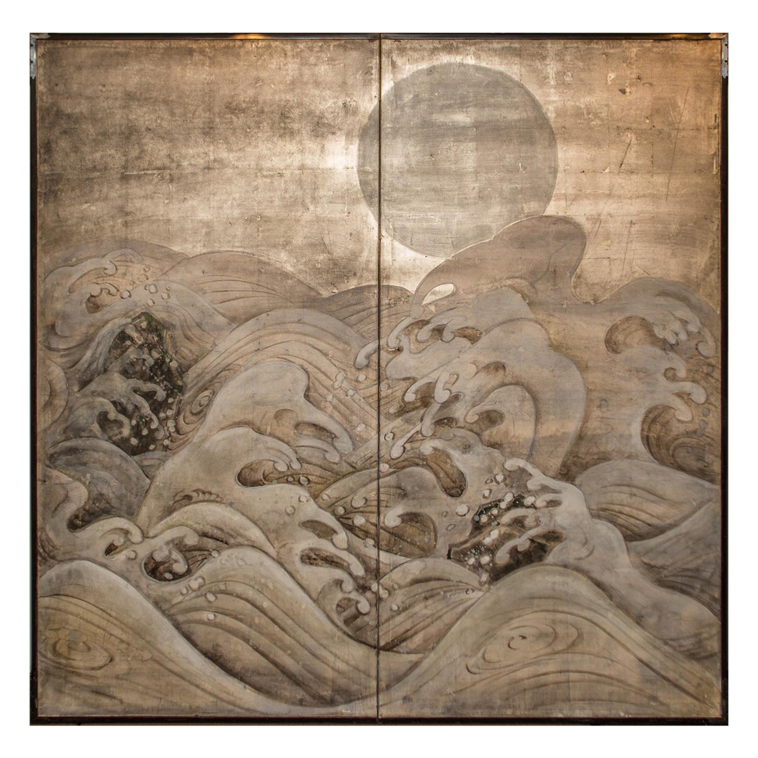 Japanese Two Panel Screen Waves and Moon on Silver